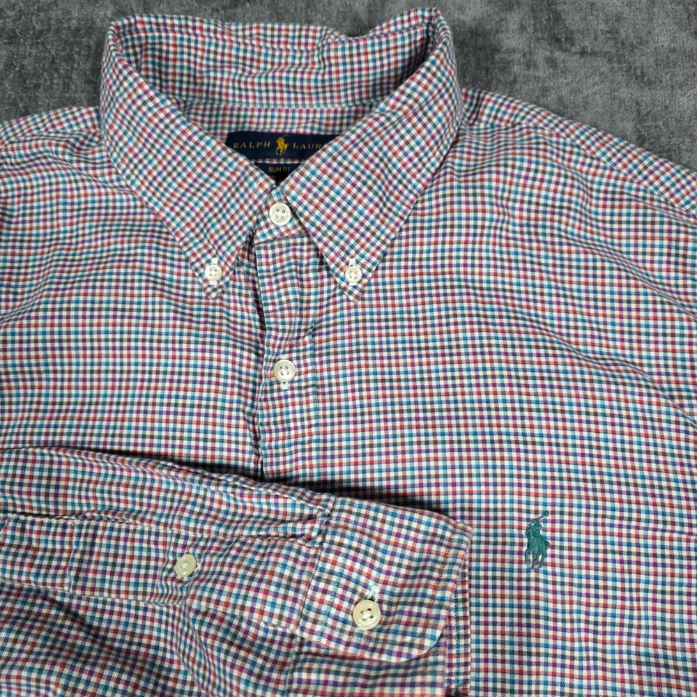 Ralph Lauren Slim Fit Shirt Mens XL Red Blue Micro Check Button Down Long Sleeve